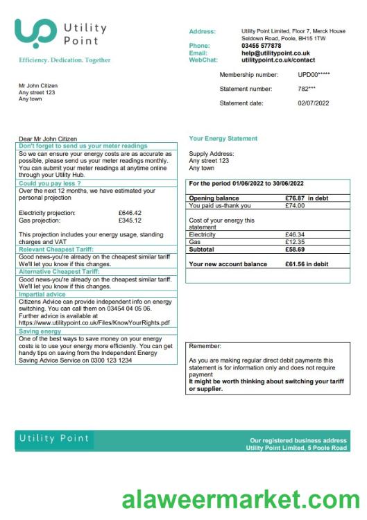 United Kingdom Utility Point utility bill template in Word and PDF format